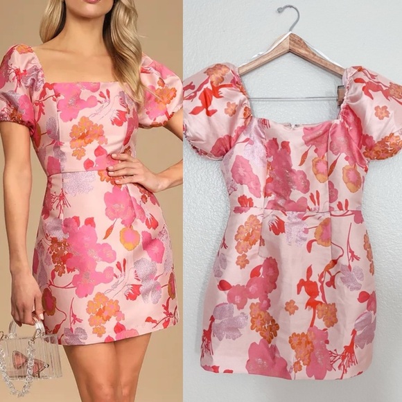 So Stunning Orange Multi Floral Jacquard Puff Sleeve Mini Dress - Picture 1 of 13